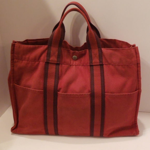 Hermes Handbags - Hermes Burgundy Canvas Tote Bag